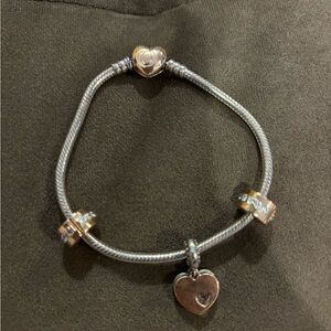 Two tone gold silver diamond heart Pandora charm bracelet